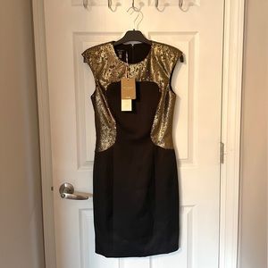 BRAND NWT Ted Baker Curved Black Bodice Dress with Gold Sequins (Size: US 6)